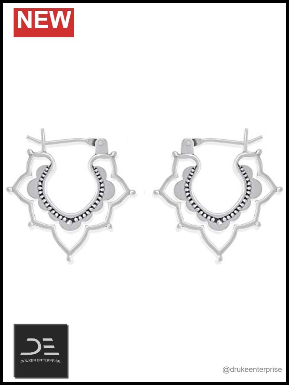 Sterling Silver Bohemian Flower Hoop Earrings Hypoallergenic Nickel-Free